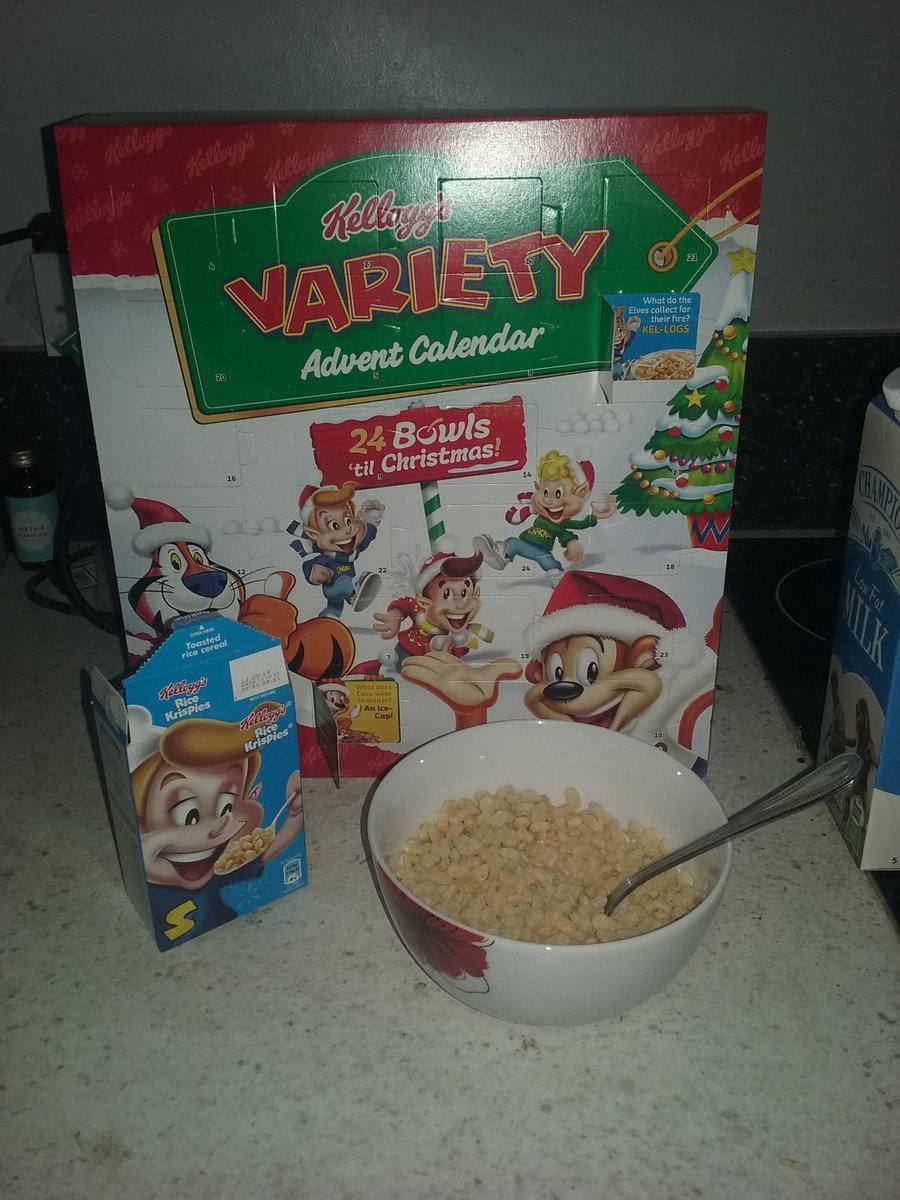 December 2: Rice Krispies. Not had them in years and they're blander than I remember. Also not sure if it is a coincidence that Snap is on the box and in the window. #Kelloggs #CerealAdventCalendar