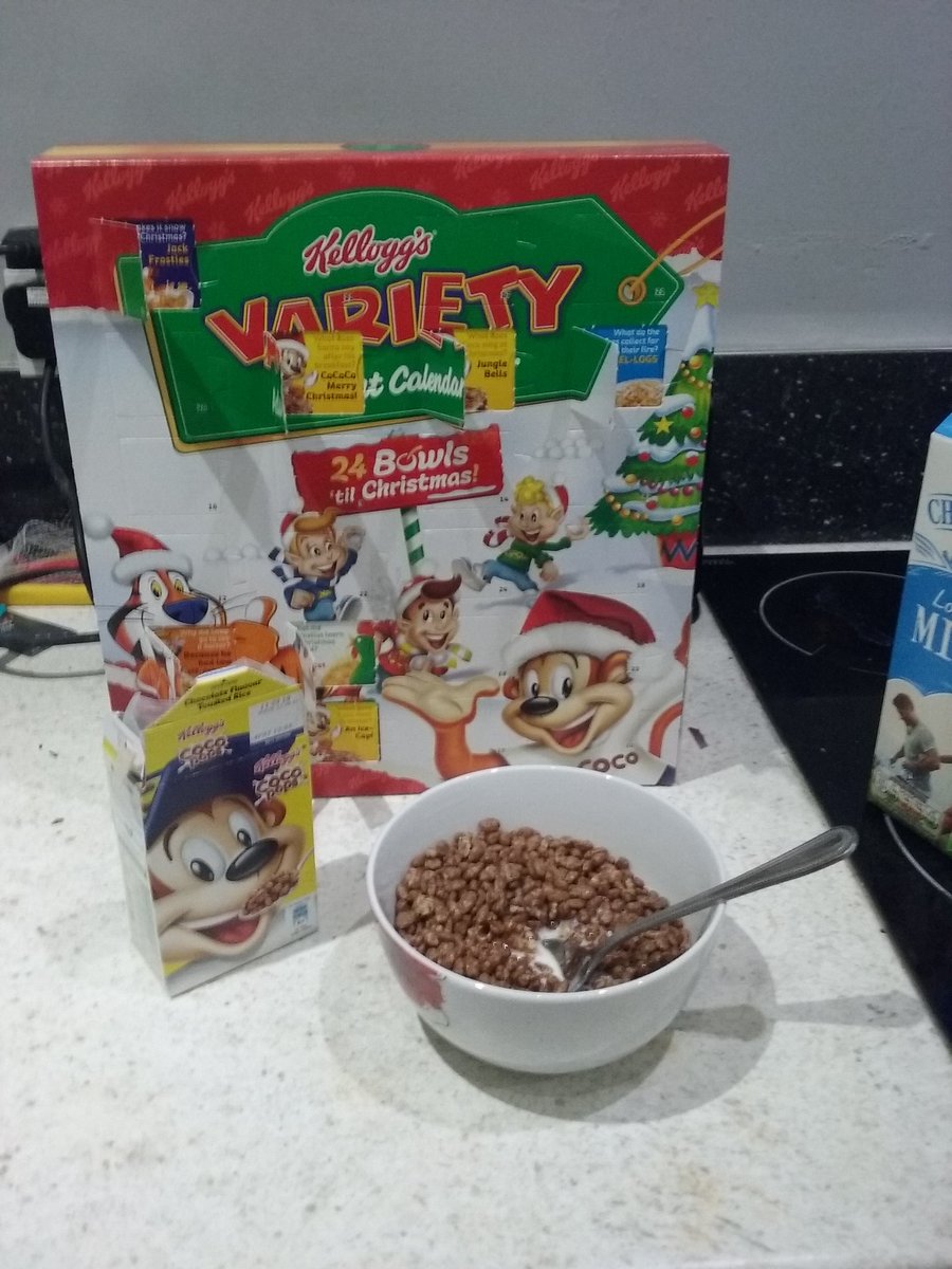 December 8: Coco Pops. Well this was a surprise. Had to open the second variety pack. There's a box of Frosties left over from the first. #Kelloggs #CerealAdventCalendar