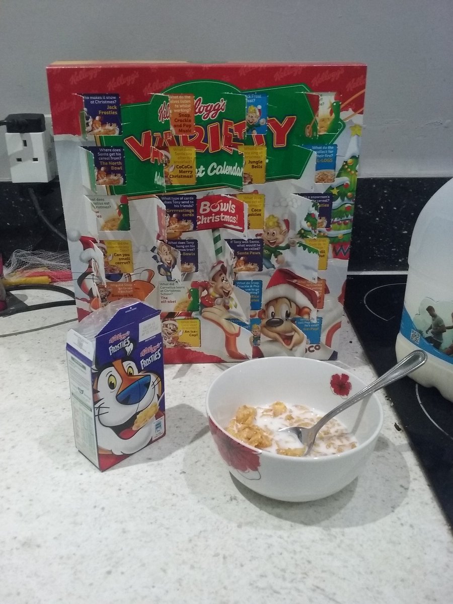 December 24: Frosties. Last day and last bowl of cereal. Who will tell me what to eat for breakfast tomorrow? #Kelloggs #CerealAdventCalendar