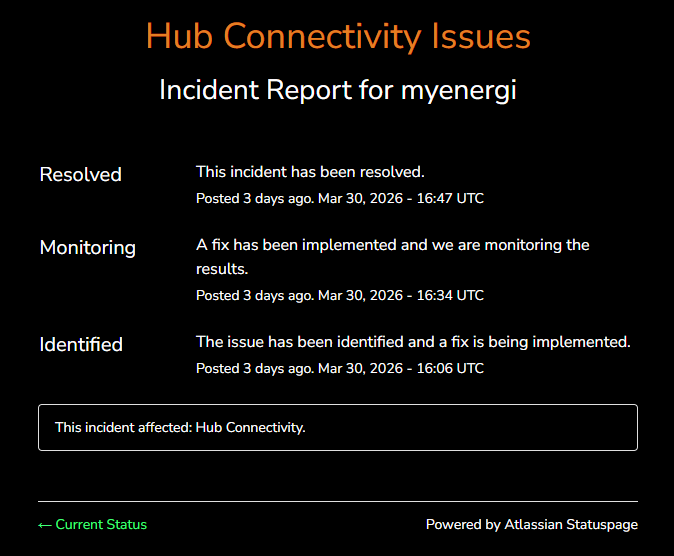 Myenergi Incident Report saying there was hub connectivity issues on 30th March 2026